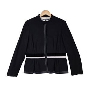 VTG Albert Nipon Suit Jacket 12 Black Cotton Snap Front Peplum Hem Velvet Ribbon